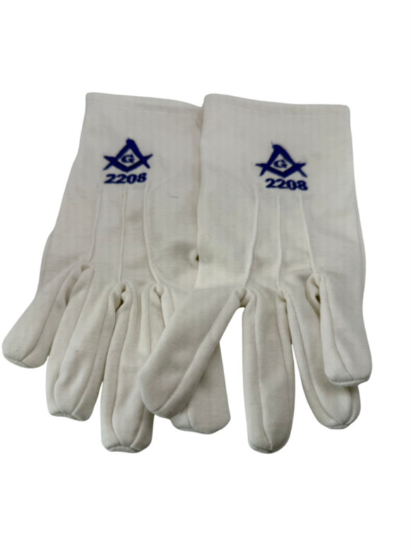 Personalised white cotton Masonic gloves embroidered with a Lodge number